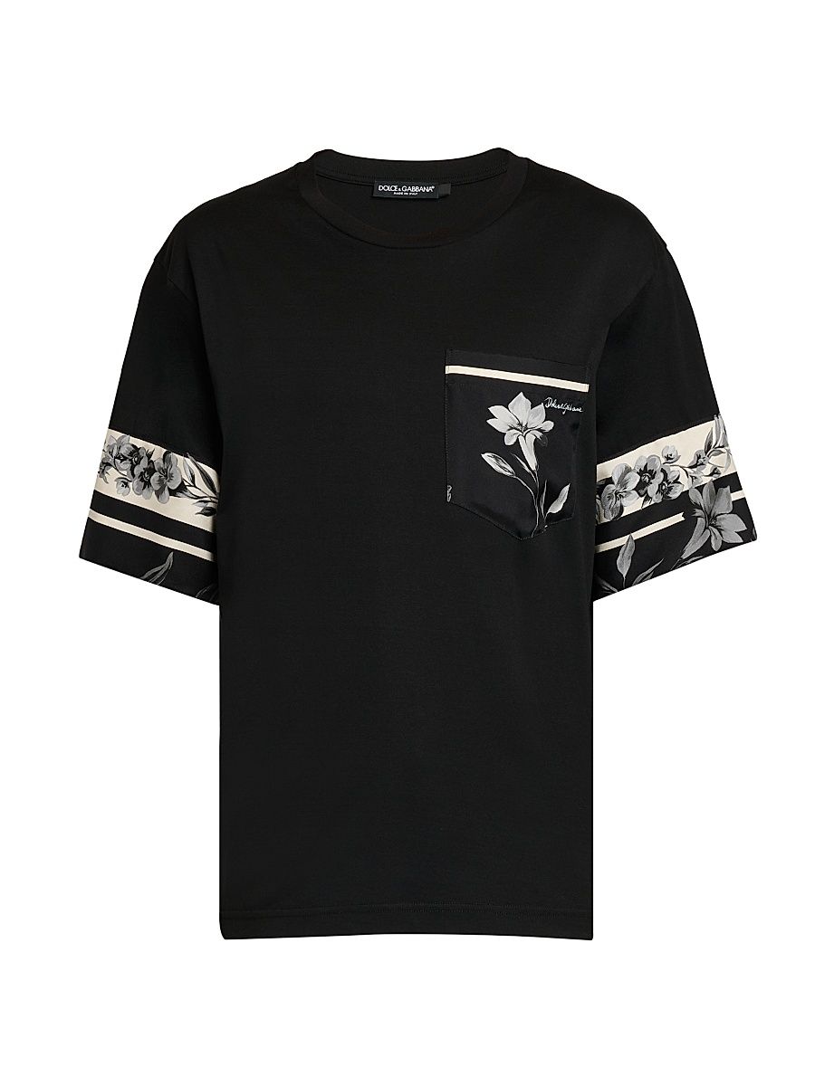 Men's Floral Cotton-Silk T-Shirt - Nero - Size 46