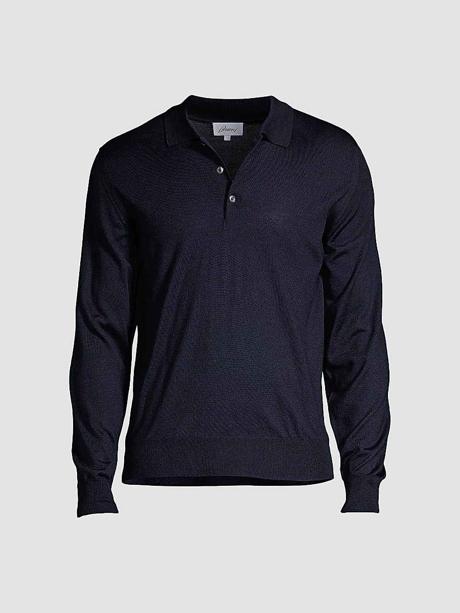 Brioni Men's Long-Sleeve Knit Polo - Midnight Blue - Size 40