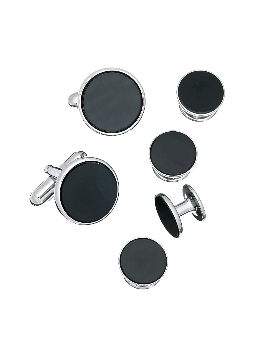 Men's 6-Piece Enamel Round Stud & Cufflink Set - Black Silver