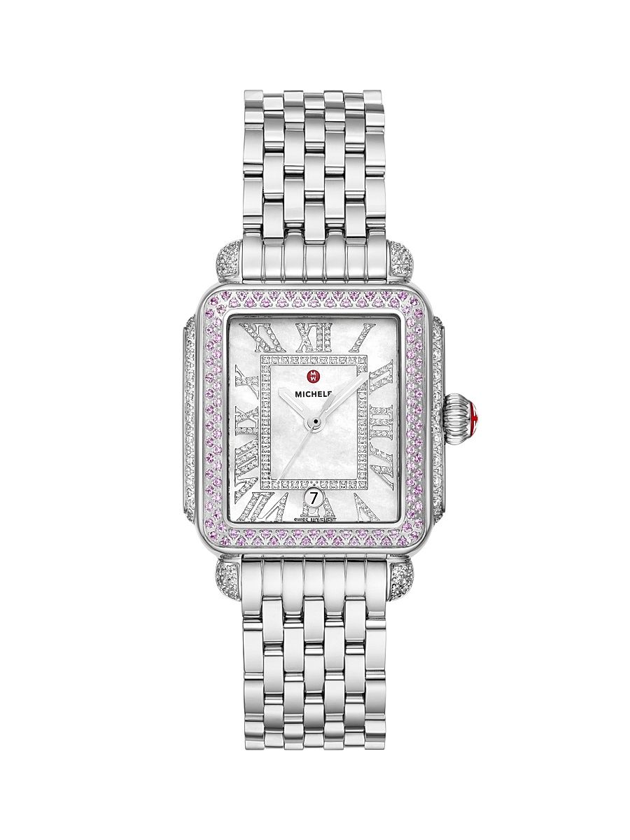 Women's Deco Madison Stainless Steel, 0.73 TCW Diamond & Pink Sapphire Bracelet Watch/33MM x 35MM - Steel