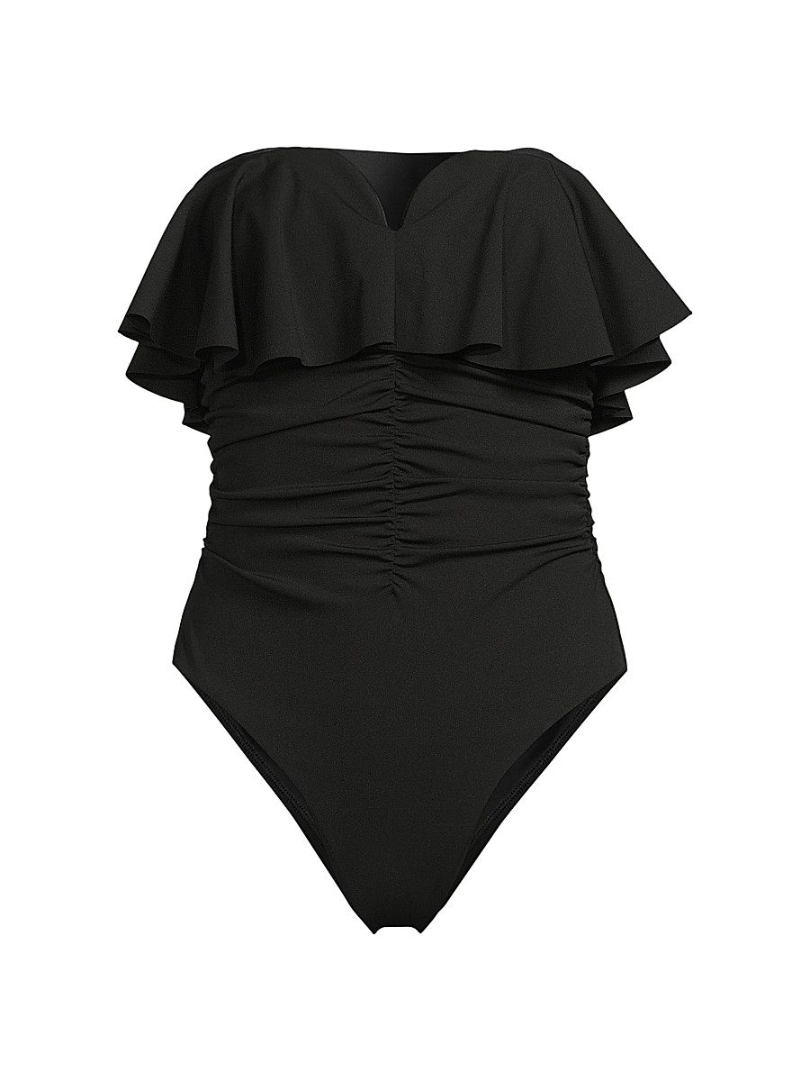 Women's Glossy Strapless Ruffle One-Piece Swimsuit - Black - Size Large