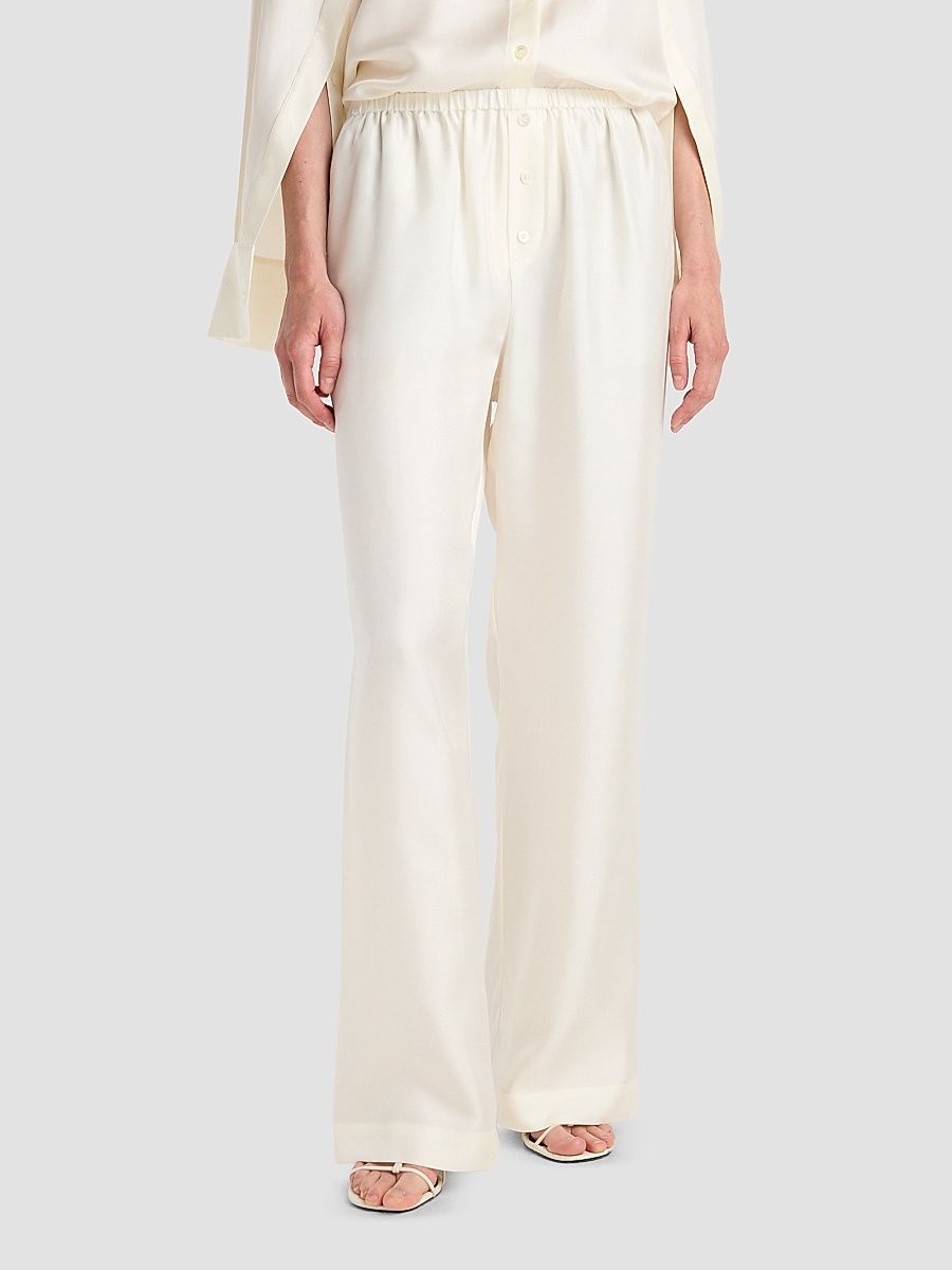 Women's Silk Twill Relaxed-Leg Pull-On Trousers - Cream - Size 12