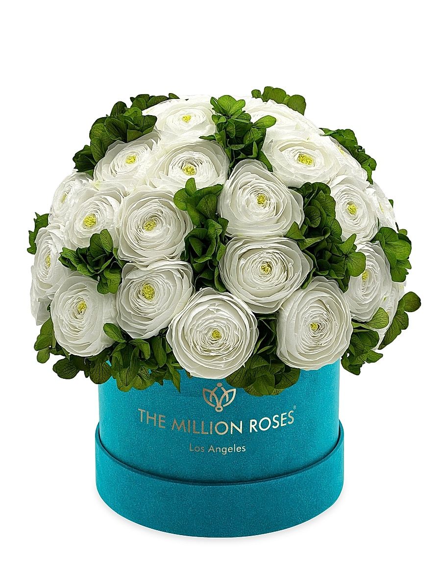 Classic Suede Box Of Persian Buttercups And Hydrangeas - Light Pink