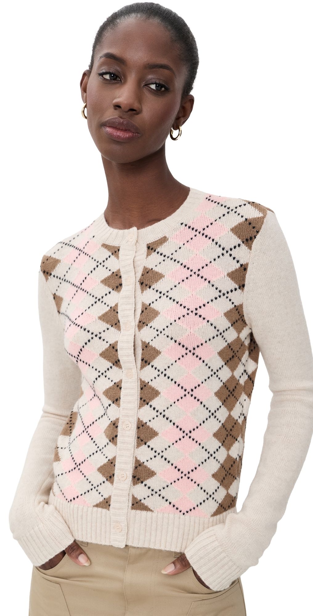 GUIZIO Argyle June Relaxed Cardigan Cream Argyle M