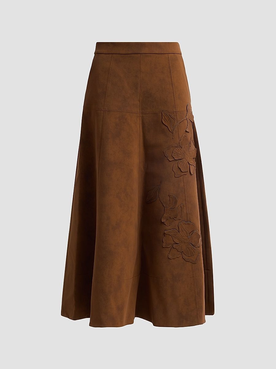 Women's Kara Floral-Embroidered Faux-Suede Midi Skirt - Mocha Meadow - Size 6
