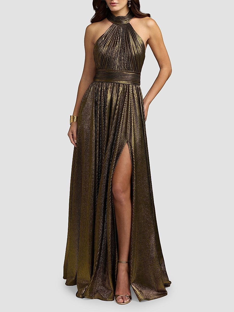 Women's Pleated Metallic Sleeveless Gown - Gold - Size 16
