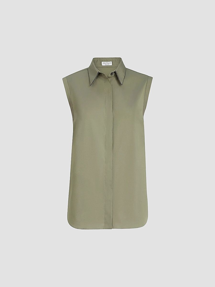 Brunello Cucinelli Women's Stretch Cotton Poplin Sleeveless Shirt with Shiny Trim - Green - Size XXXL