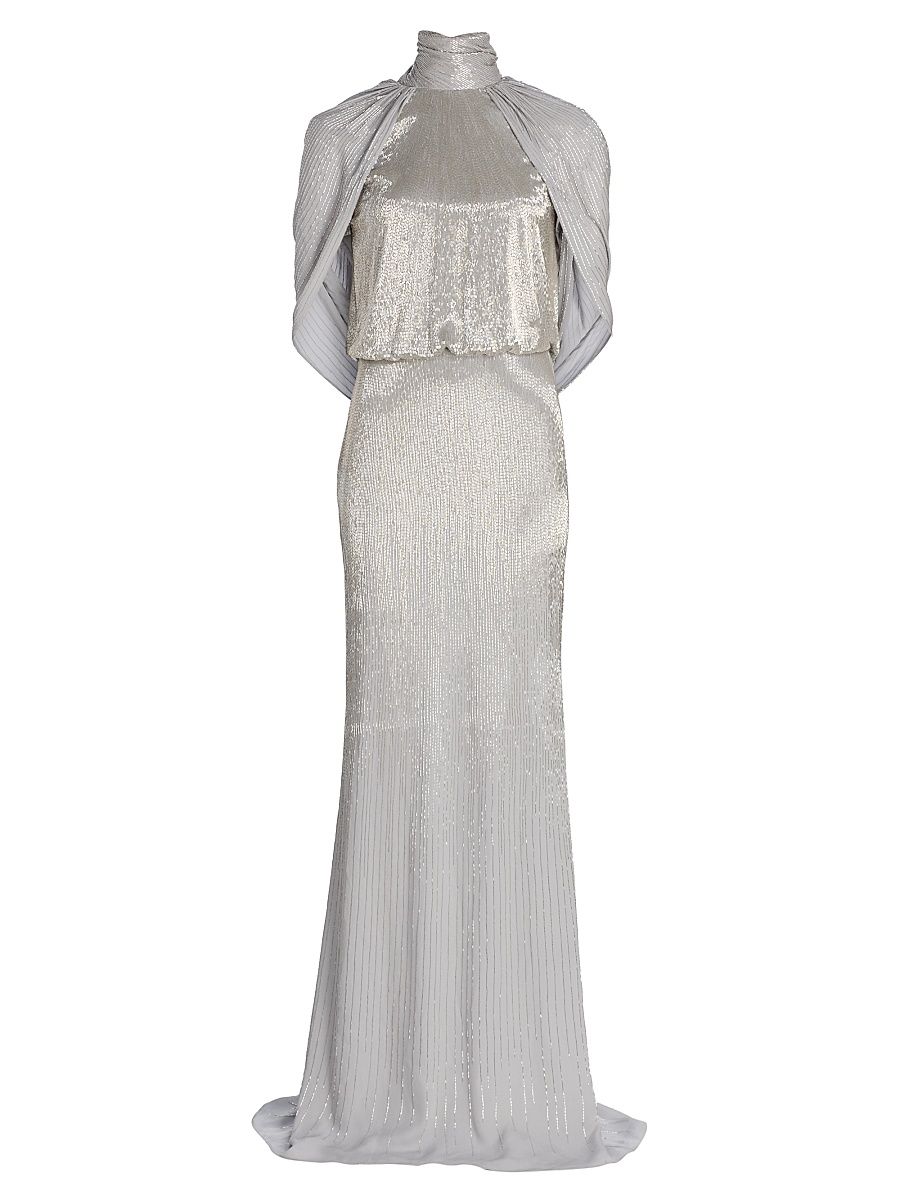 Women's Bugle-Beaded Ombré Silk Georgette Open Back Gown - Smoke - Size 10