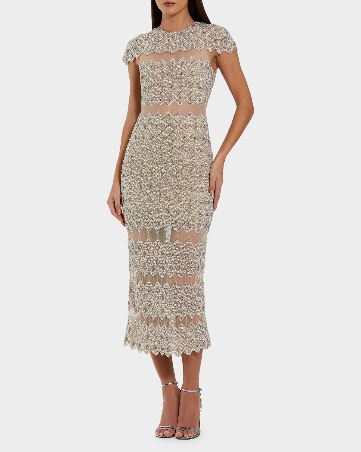 Sheer-Inset Beaded Mesh Bodycon Midi Dress