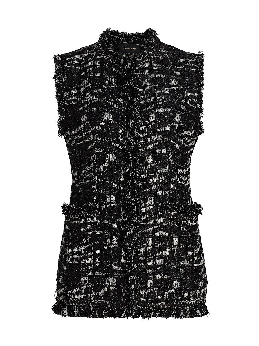 Women's Mag Tweed Fringe Vest - Black White - Size XL