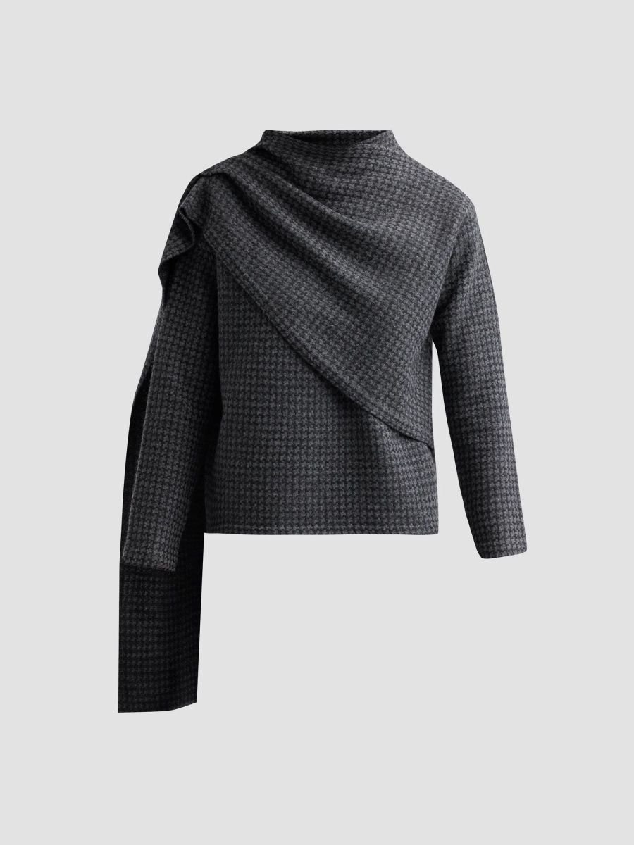Vince Women's Draped Scarf Houndstooth Sweater - Grey Combo - Size XXS