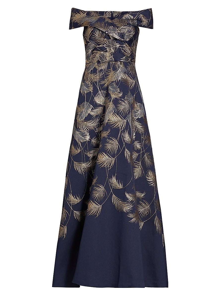 Women's Jacquard Off-The-Shoulder Gown - Navy Gold - Size 8