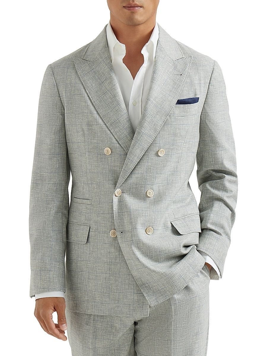 Men's Virgin Wool Prince of Wales One and a Half Breasted Deconstructed Blazer - Pearl Grey - Size 48