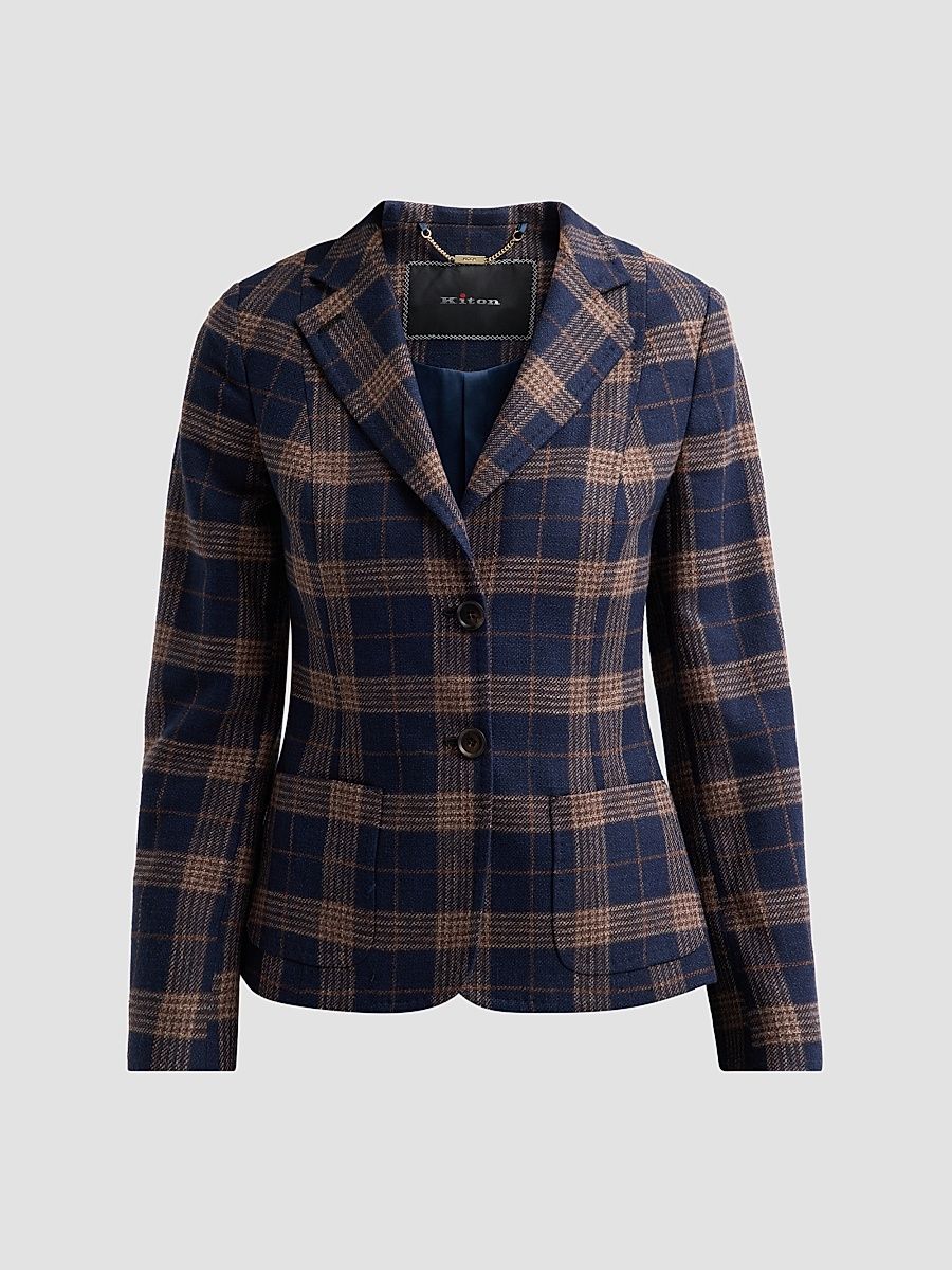 Women's Plaid Wool-Cotton Blazer - Blue - Size 2