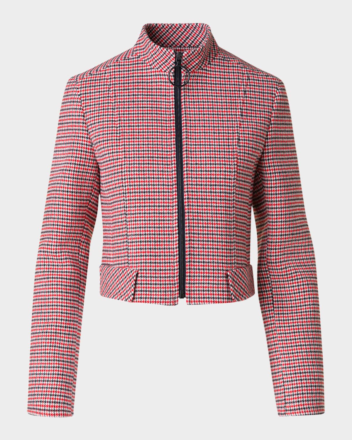 Houndstooth Wool Fresco Crop Bomber Jacket