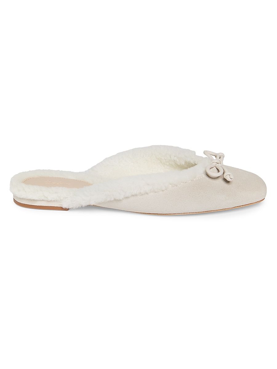 Women's Shearling-Lined Suede Mules - Pearl Off White - Size 12