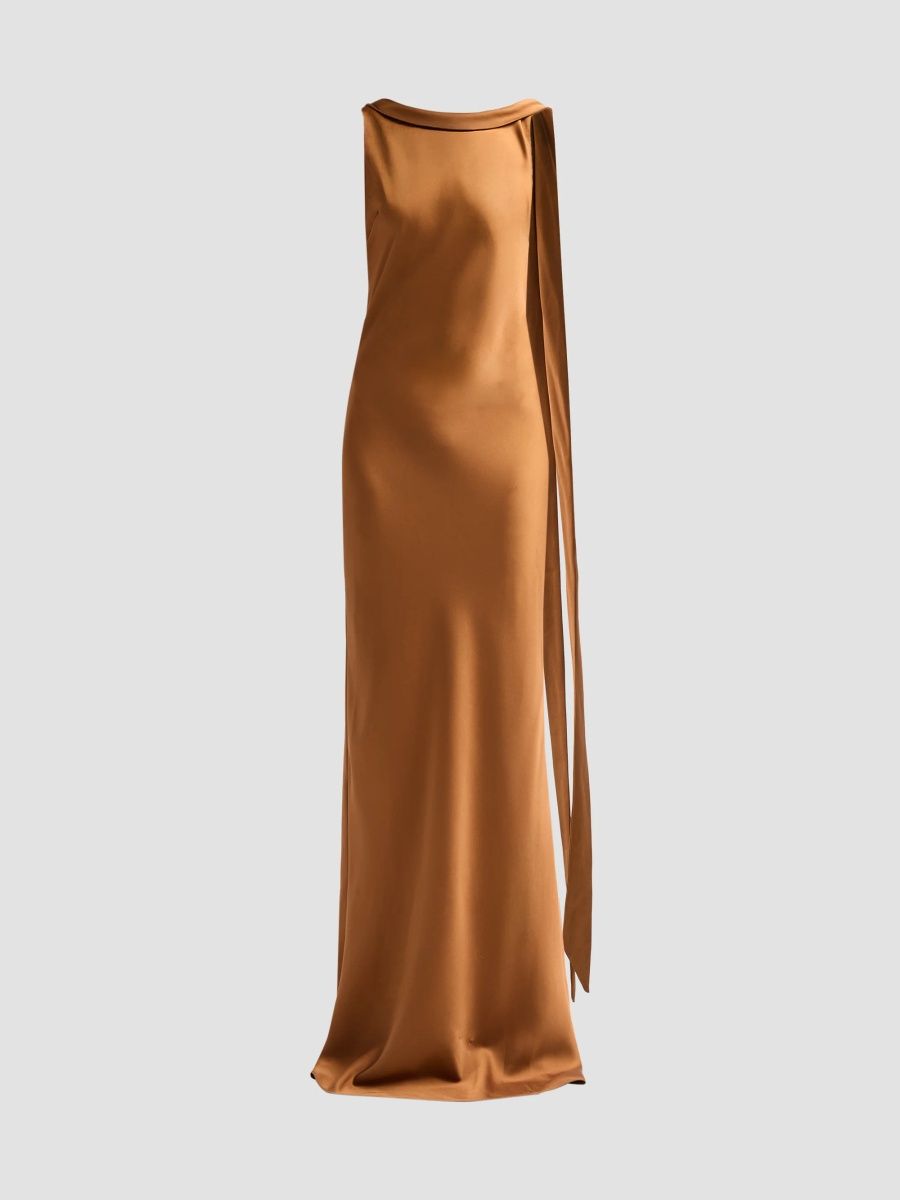 Ramy Brook Women's Cecily Satin Cascade Column Gown - Hazelnut - Size 0