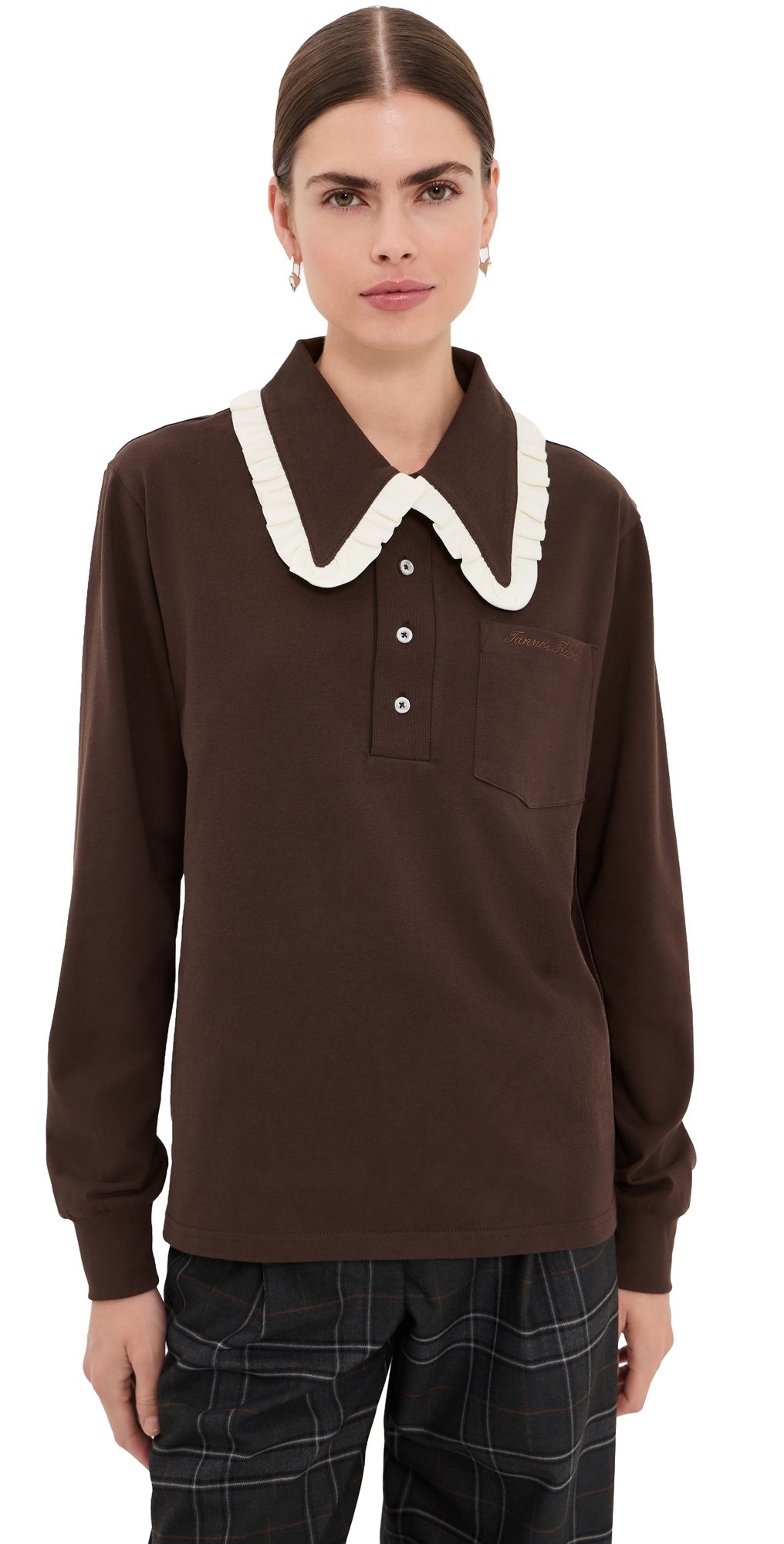 Tanner Fletcher Frank Ruffle Collar Long Sleeve Polo Brown/Ivory M