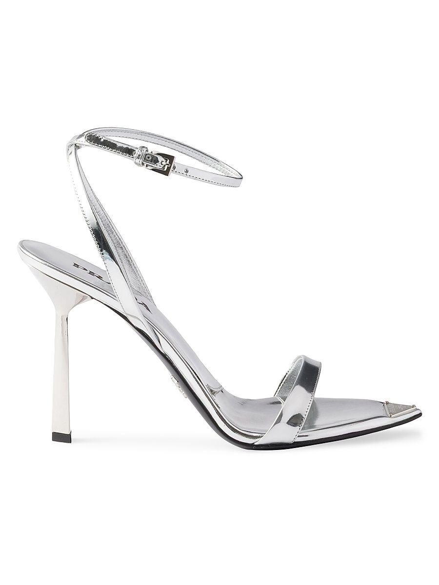 Women's Metallic Leather High-Heeled Sandals - Silver - Size 9.5