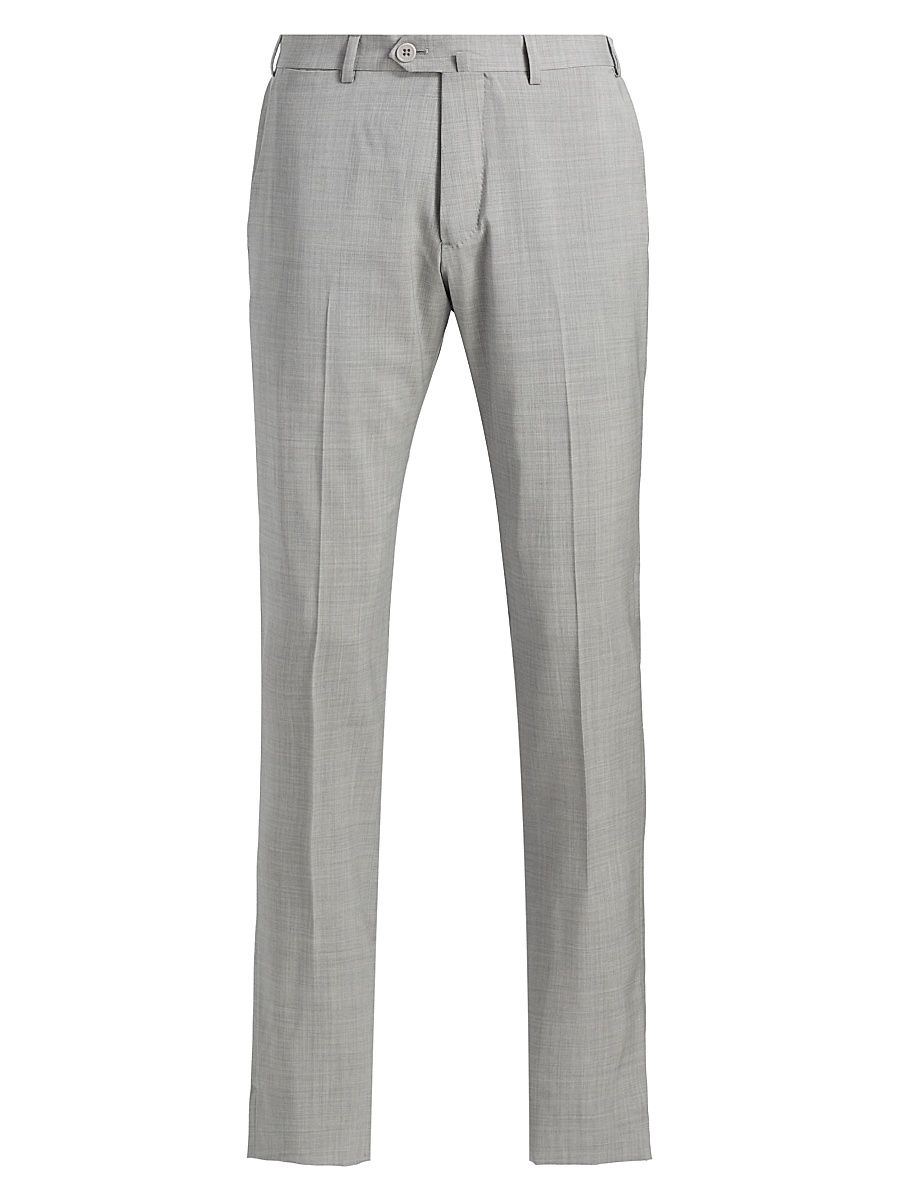 Men's Tropical Virgin Wool Flat-Front Trousers - Light Grey Melange - Size 32