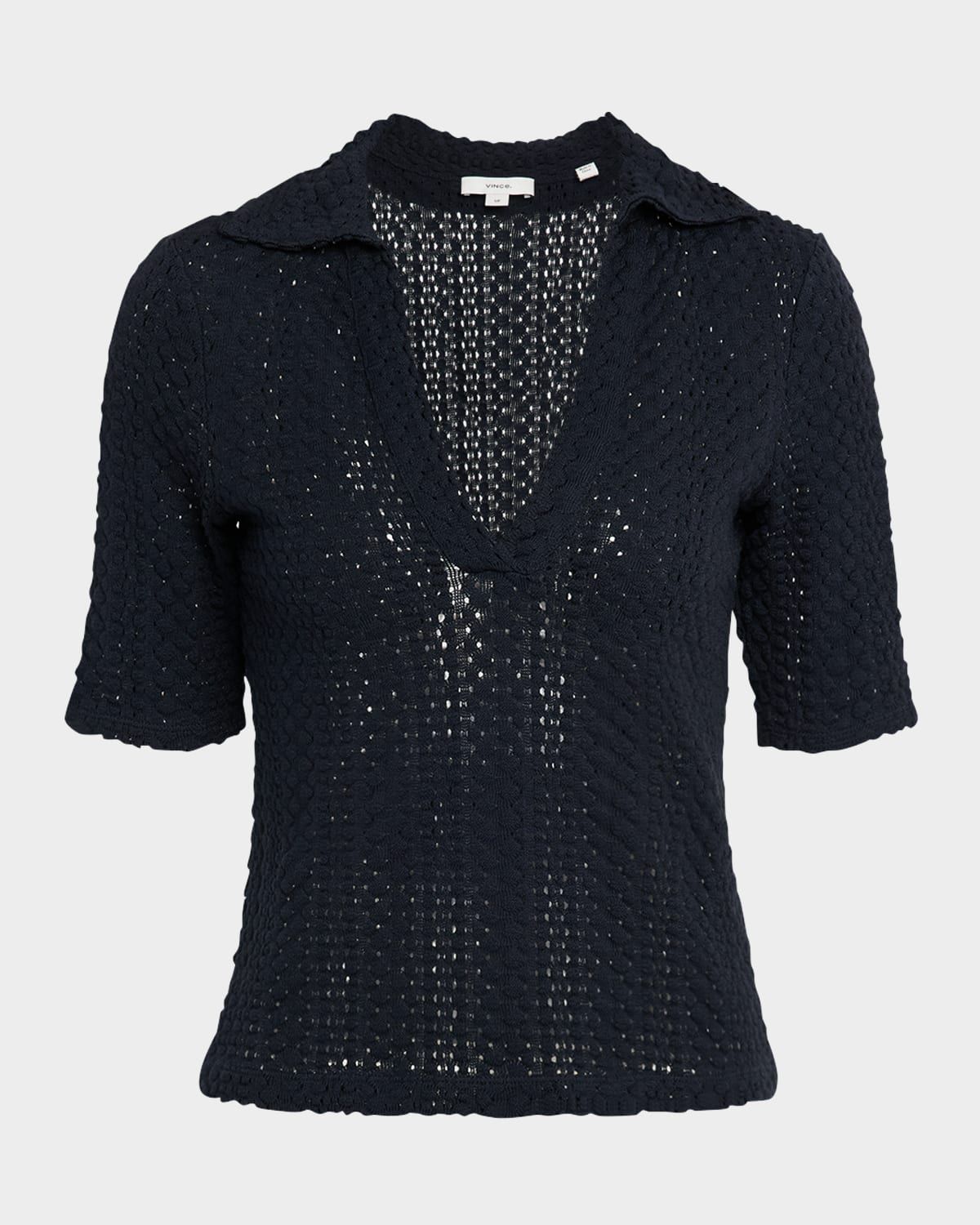 Knit Elbow-Sleeve Polo Top