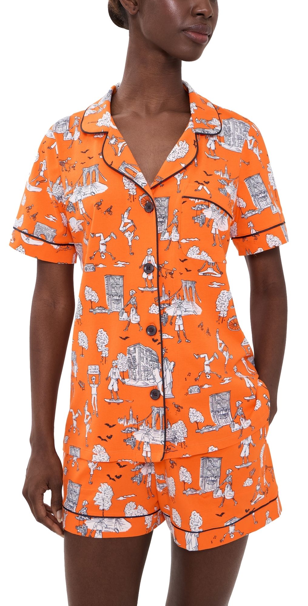 BedHead PJs Short Pajama Set Orange Spooky In The City M