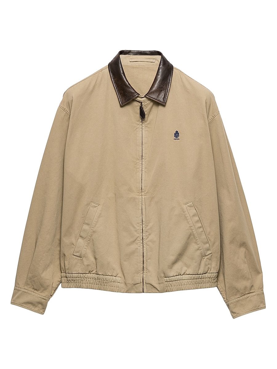 Men's Cotton Jacket with Leather Details - Beige Khaki - Size XXXL