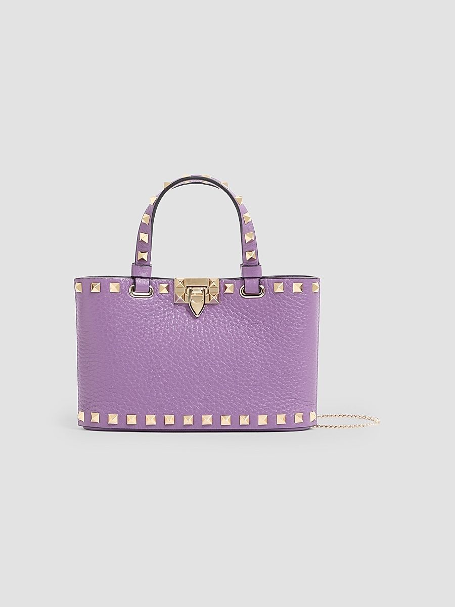 Women's Rockstud Top Handle Bag in Grainy Calfskin - Purple
