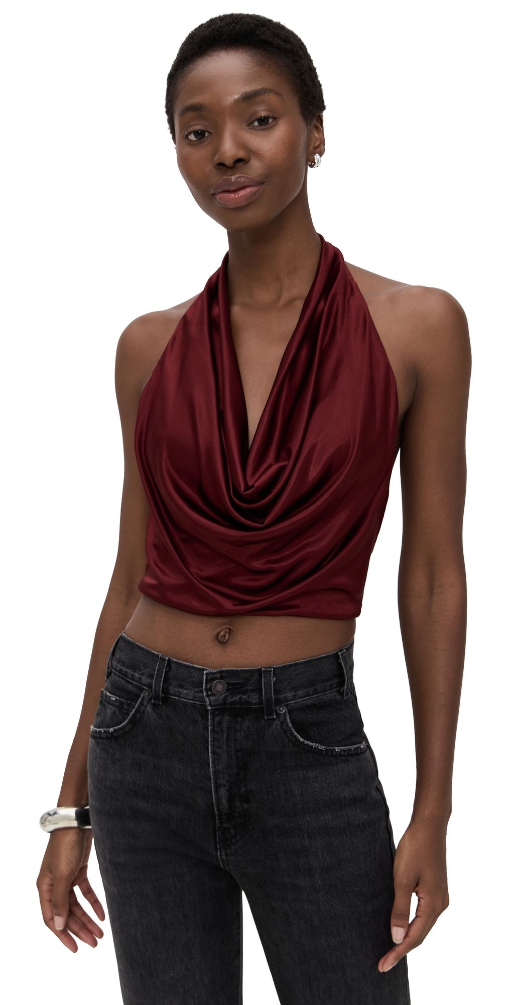 ALICE + OLIVIA Ayanna Deep Cowl Tie Back Halter Top Oxblood M