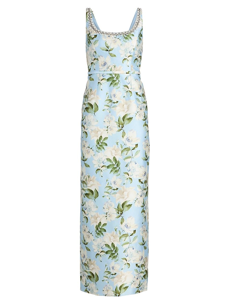 Women's Lana Embellished Floral Silk-Blend Gown - Sky Camellia - Size 14