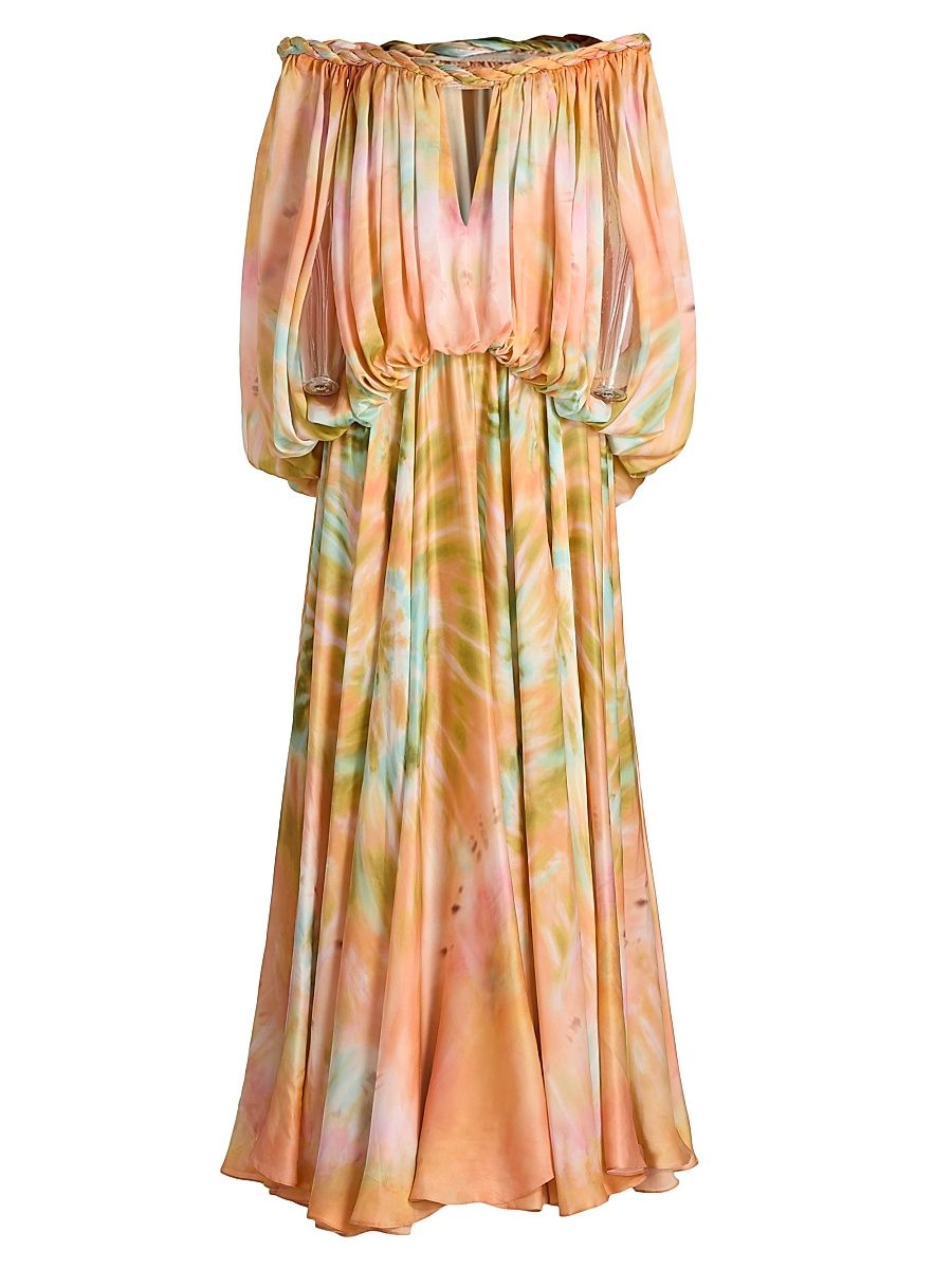 Women's Luna Twist Billow Off-The-Shoulder Gown - Coral Tie Dye - Size 2