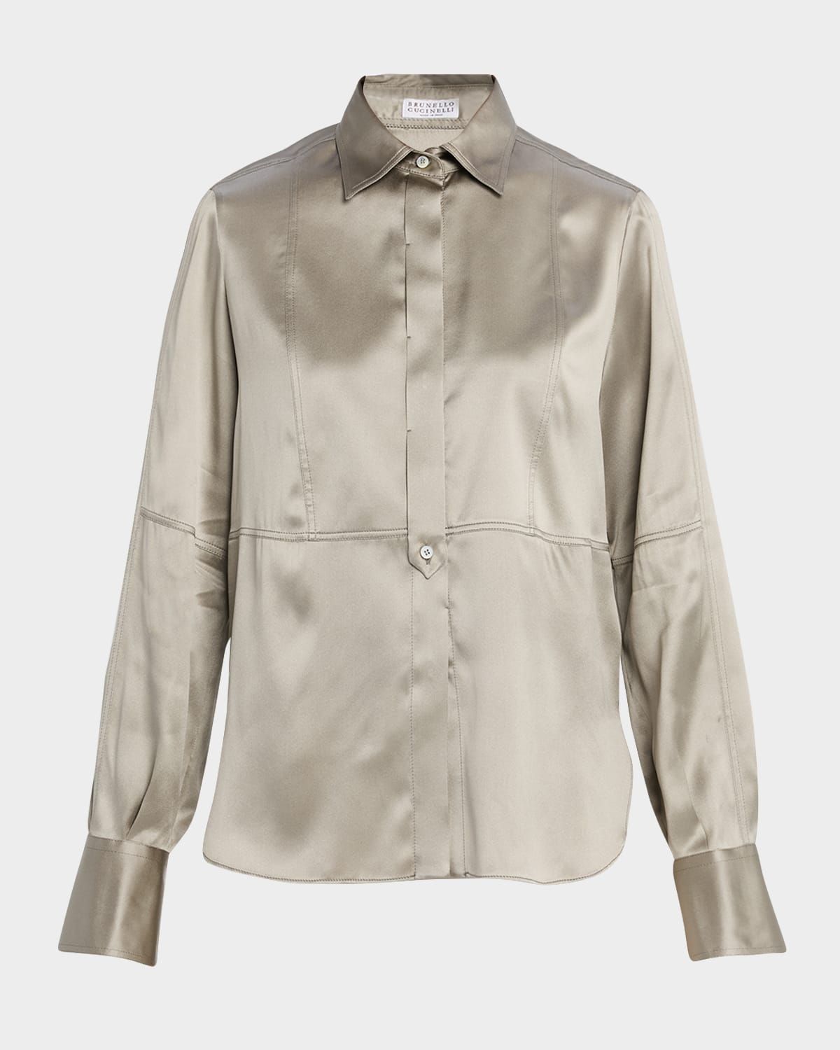 Stretch Satin Button-Down Shirt With Monili Trim