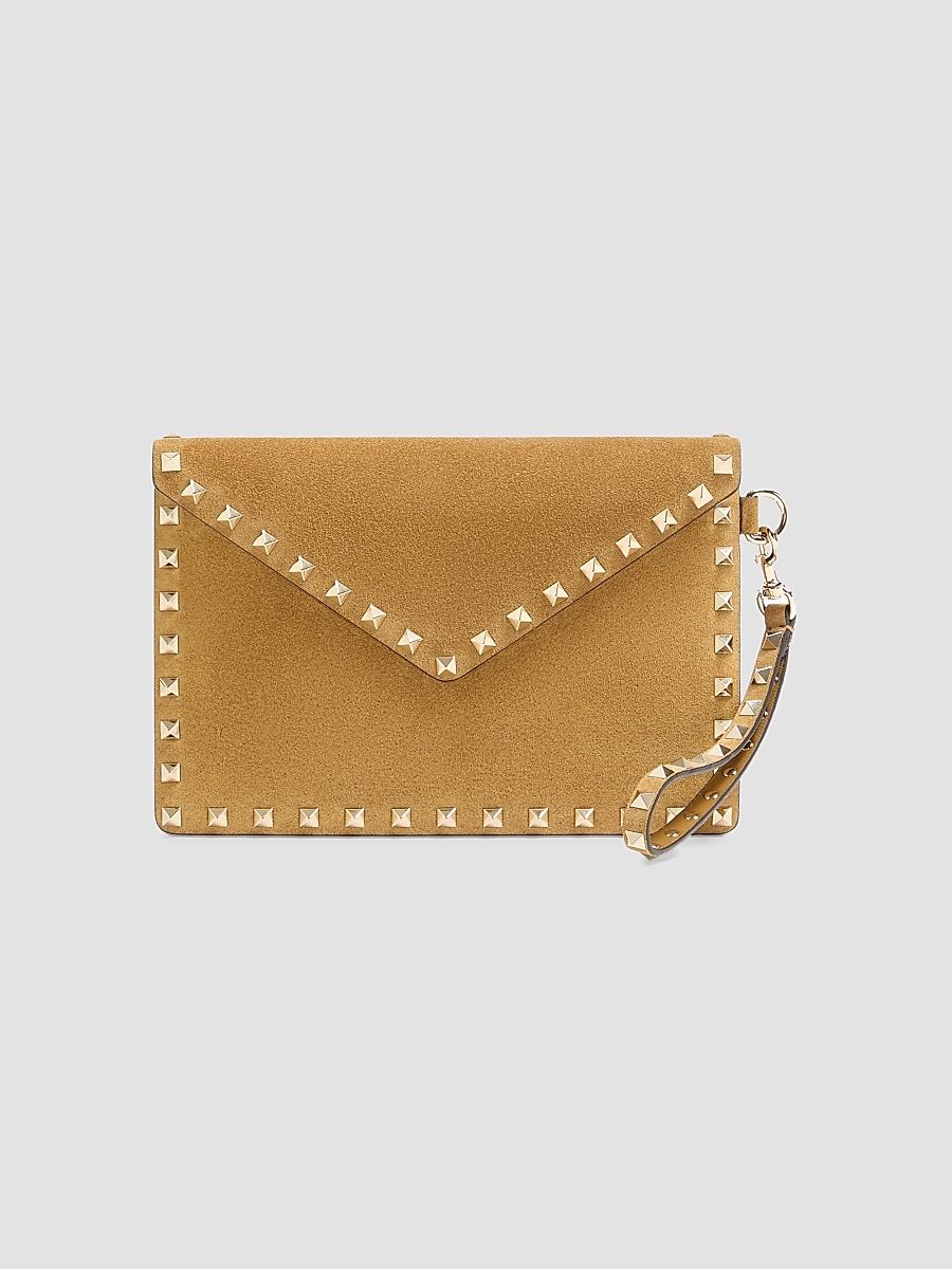 Women's Rockstud Suede Clutch - Havana Beige