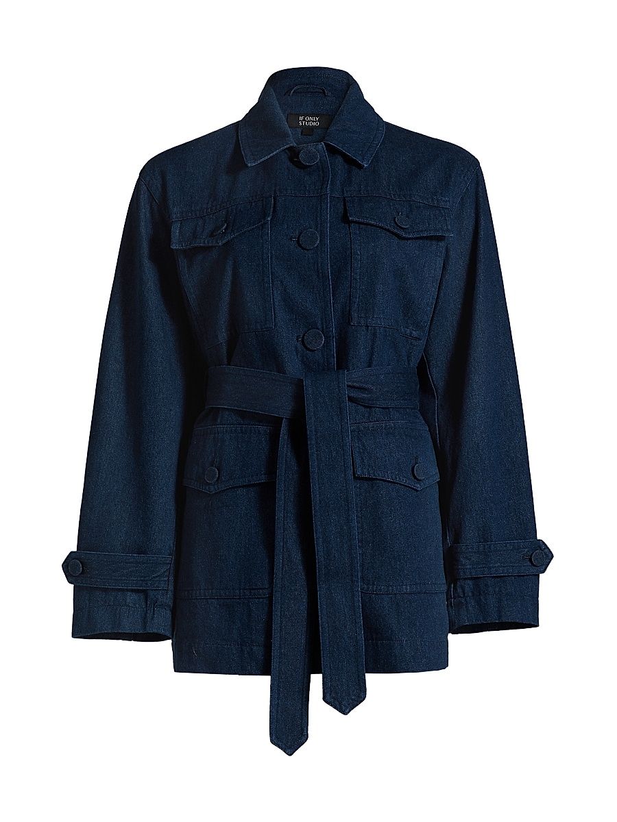 Women's Denim Belted Jacket - Dark Denim - Size Large