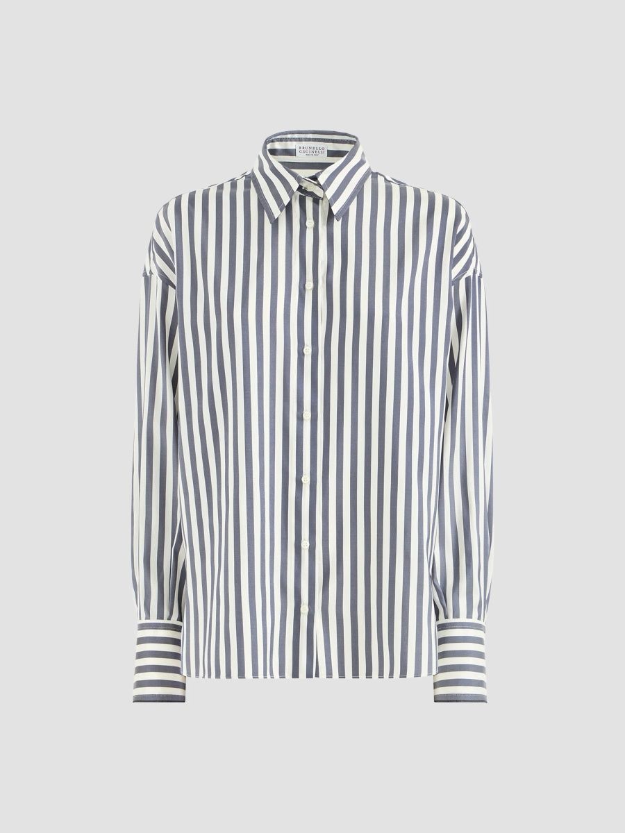 Brunello Cucinelli Women's Wide Stripe Silk Poplin Shirt - Denim - Size XS