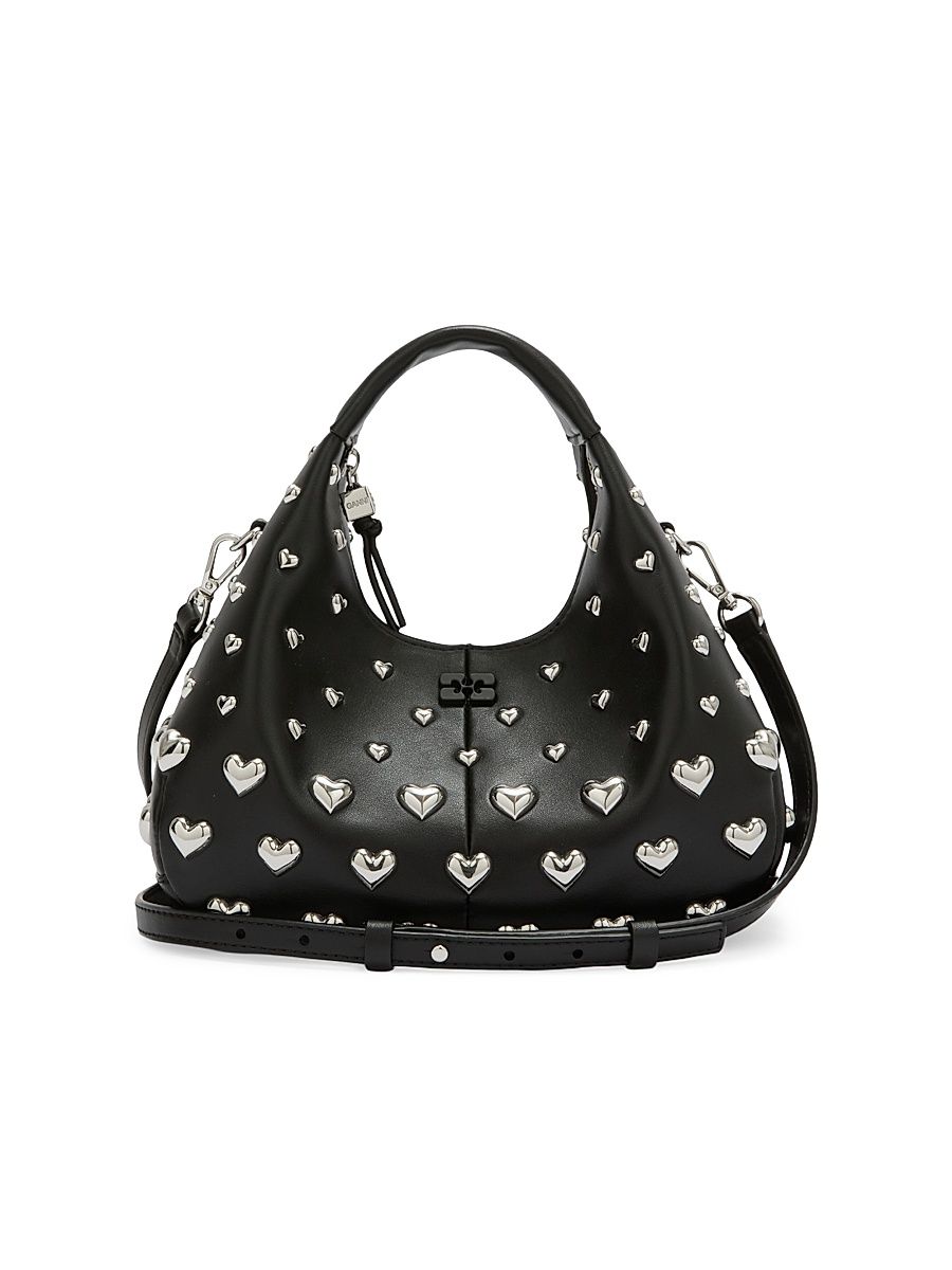 Women's Mini Heart-Embellished Hobo Bag - Black