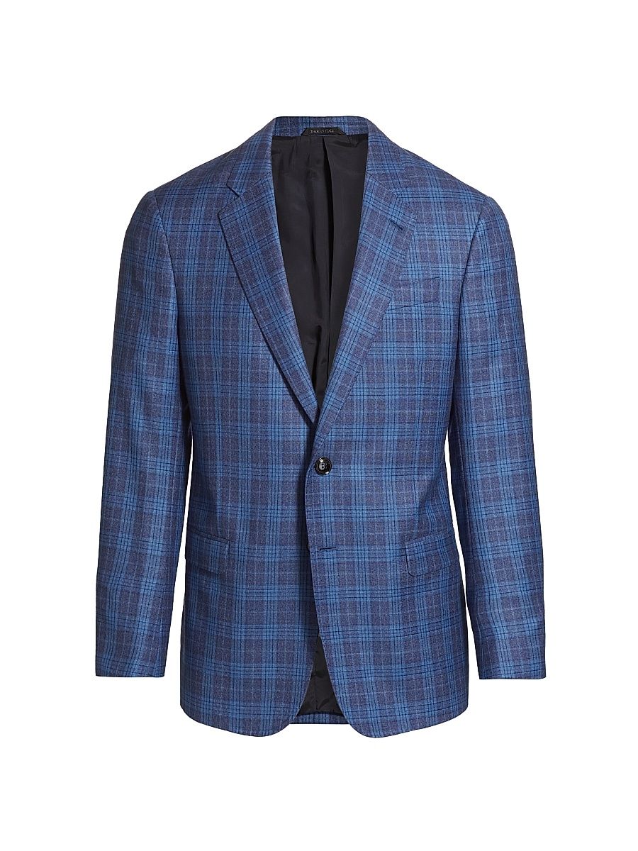 Men's Plaid Wool Two-Button Sport Coat - Blue - Size 38
