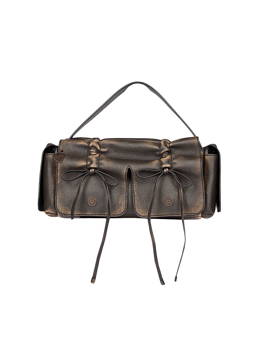 Men's Bow-Detail Distressed Leather Top Handle Bag - Dark Brown Beige