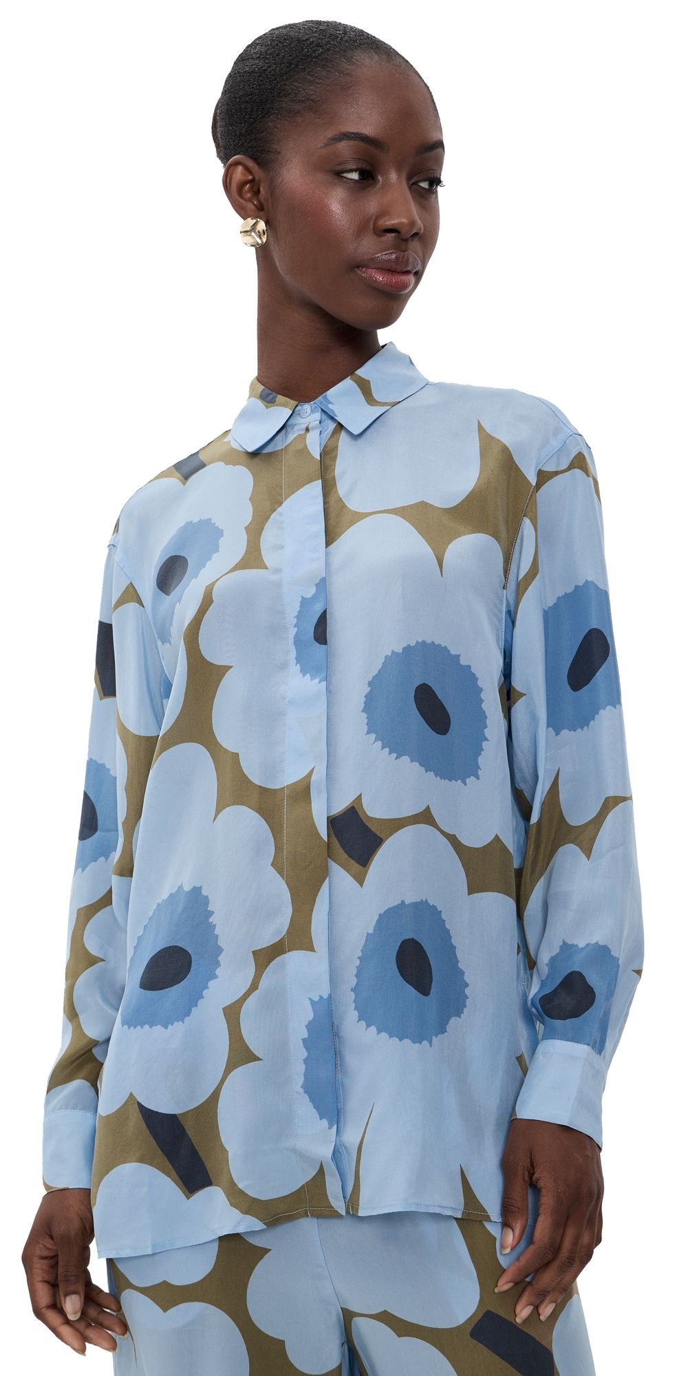 Marimekko Jarki Unikko Button Down Shirt Light Blue/Olive Green 38