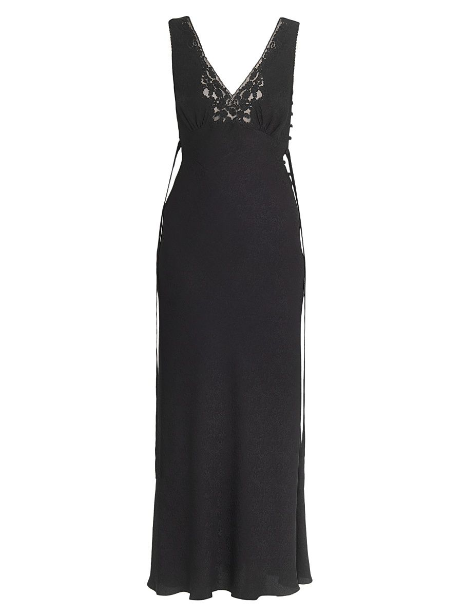 Women's Lace-Trim Silk Crêpe de Chine Bias-Cut Gown - Black - Size 10