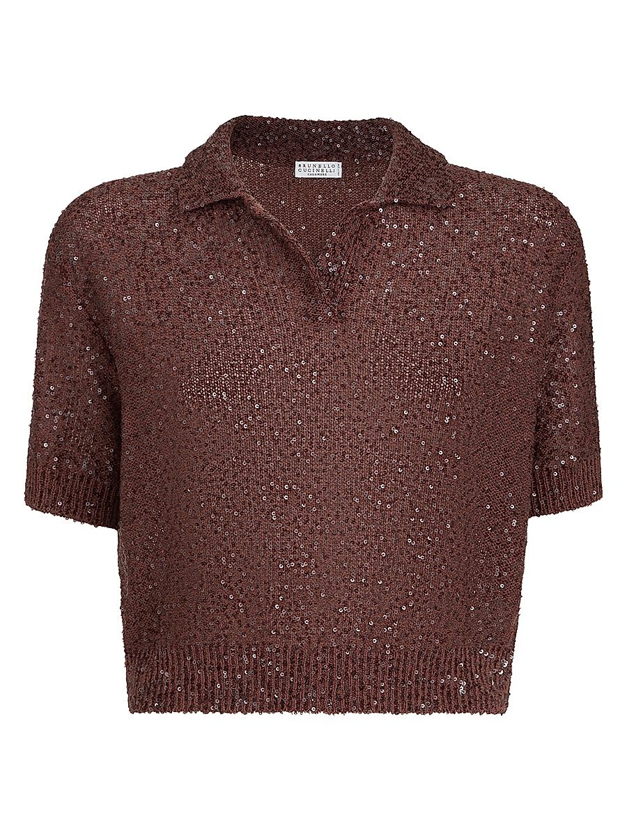 Women's Linen, Cashmere and Silk Dazzling Texture Knit Polo Shirt - Bordeaux - Size XXXL