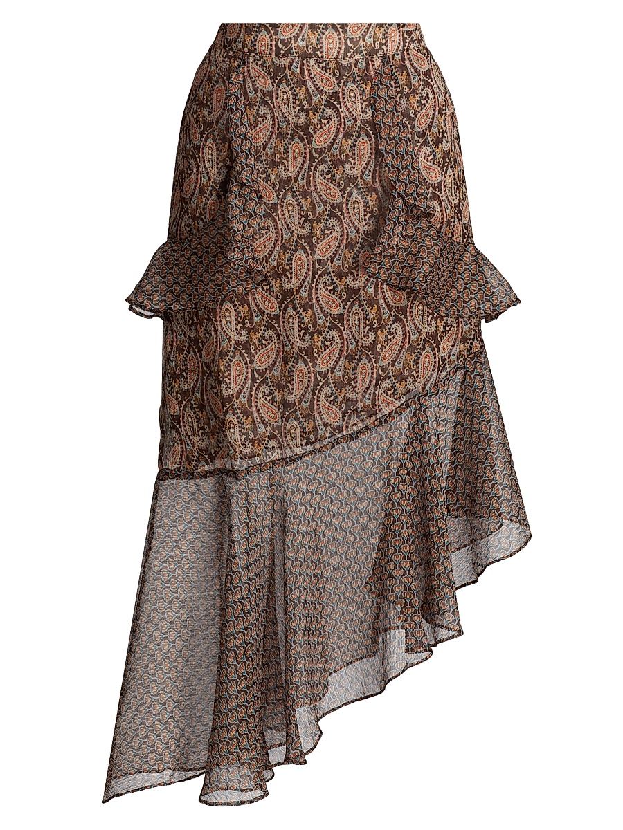 Women's Rakal Paisley Chiffon Asymmetric Midi-Skirt - Brown Paisley Mix - Size Large
