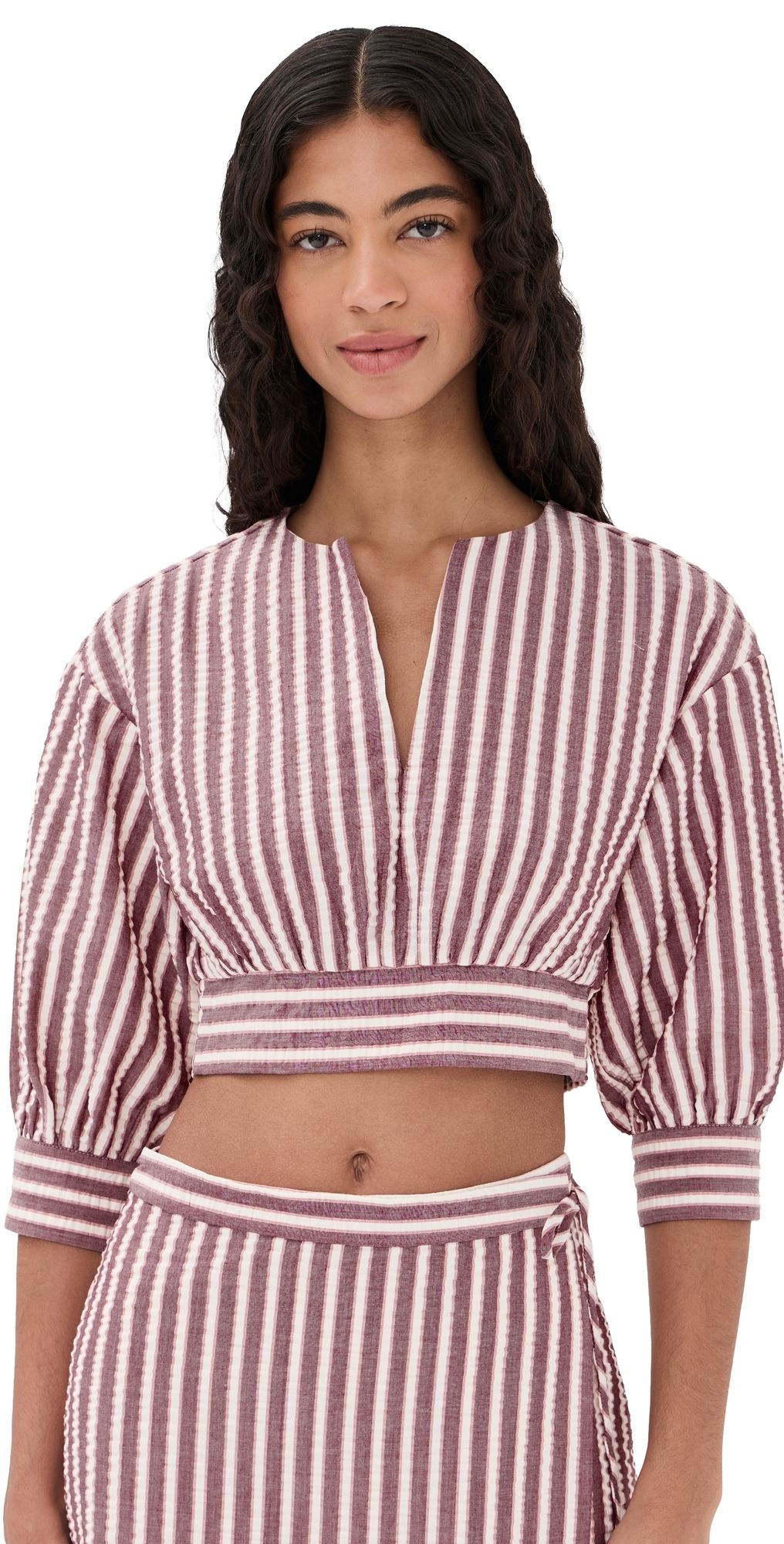 SIMKHAI Noralie Long Sleeve Cropped Shirt Oxblood Stripe XS
