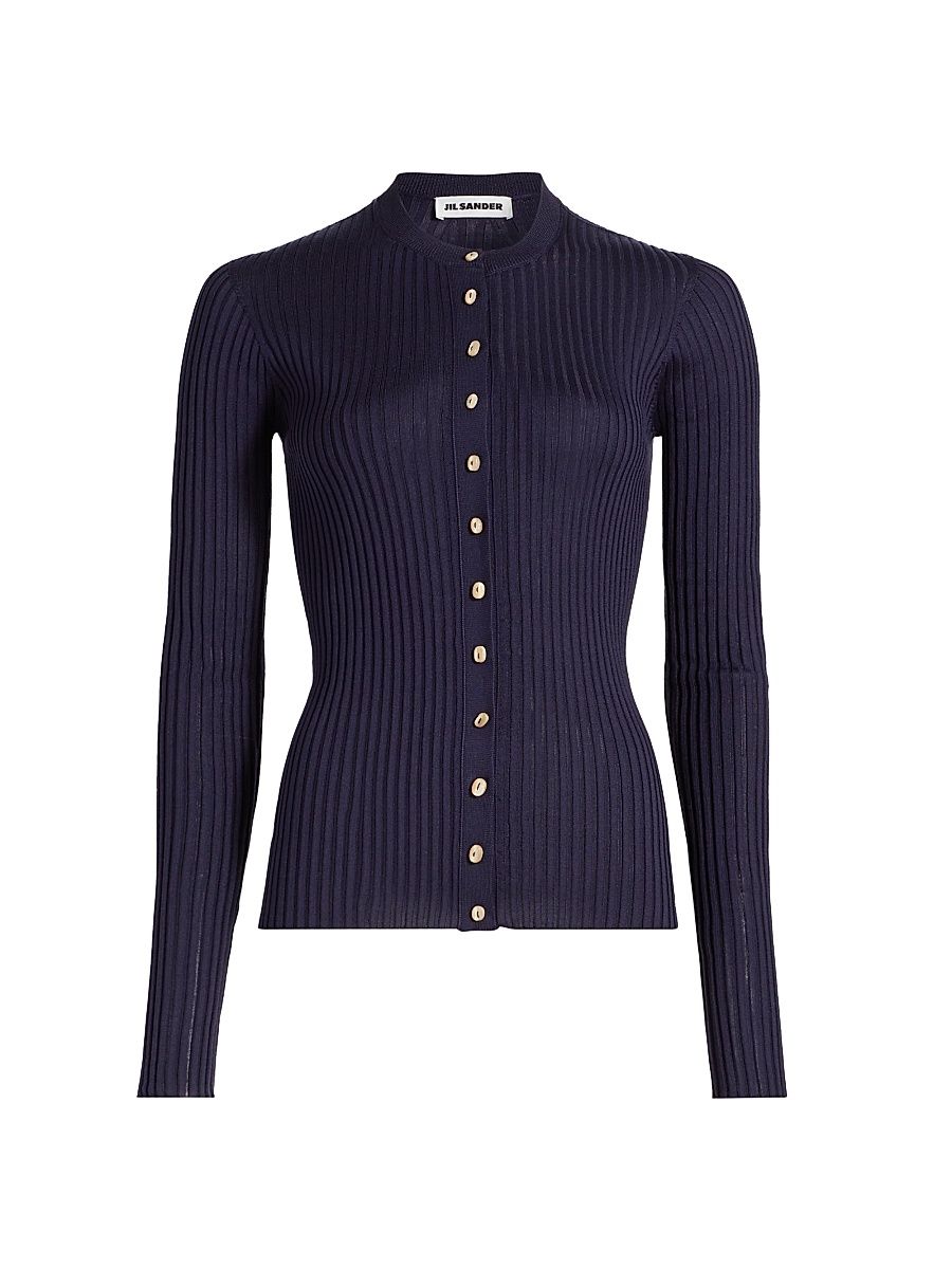 Women's Superfine Seamless Silk Rib-Knit Cardigan - Midnight - Size 10