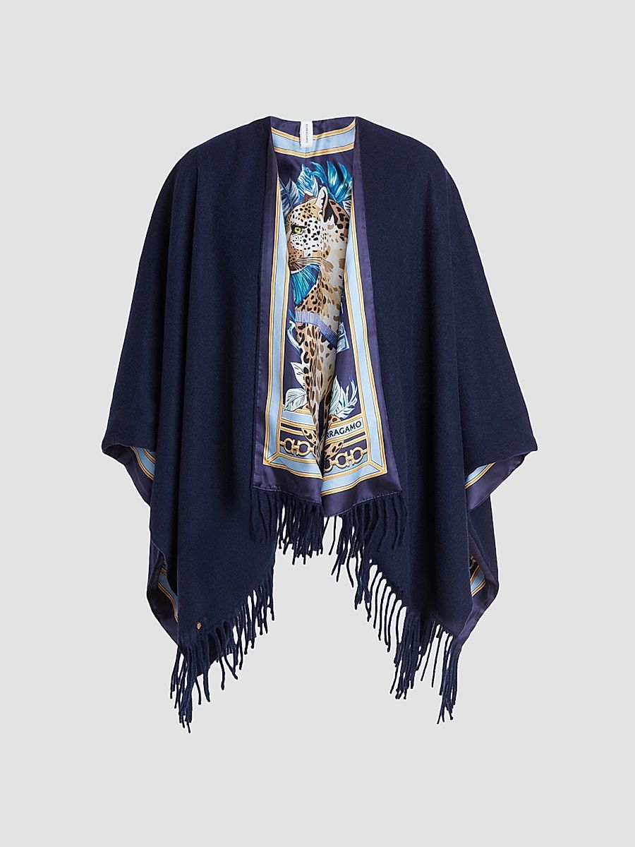 Women's Leopard Print Cashmere-Wool Reversible Cape - Navy Blue