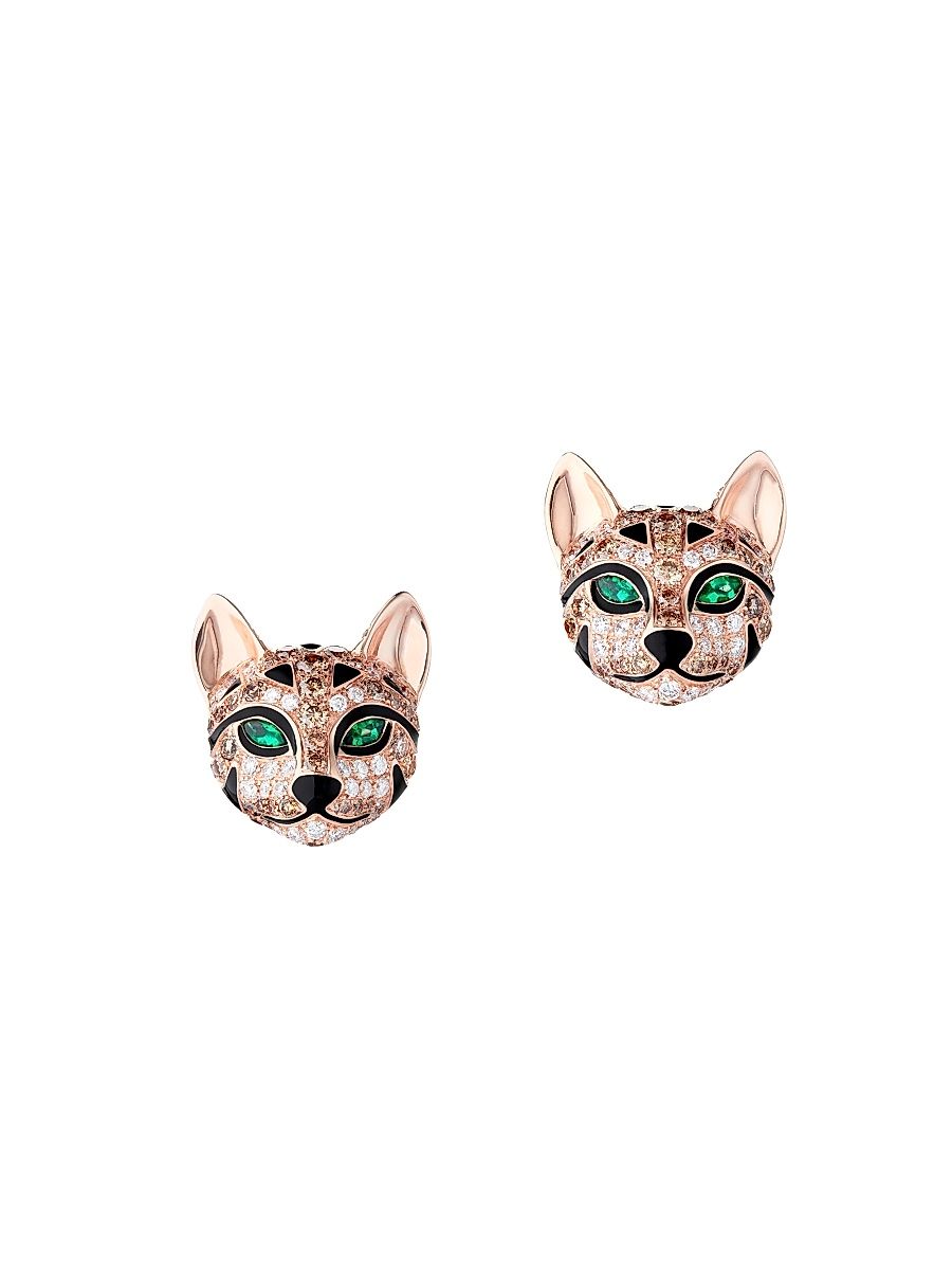 Women's Animaux 18K Rose Gold, Two-Tone Diamond & Emerald Fuzzy The Leopard Stud Earrings - Rose Gold