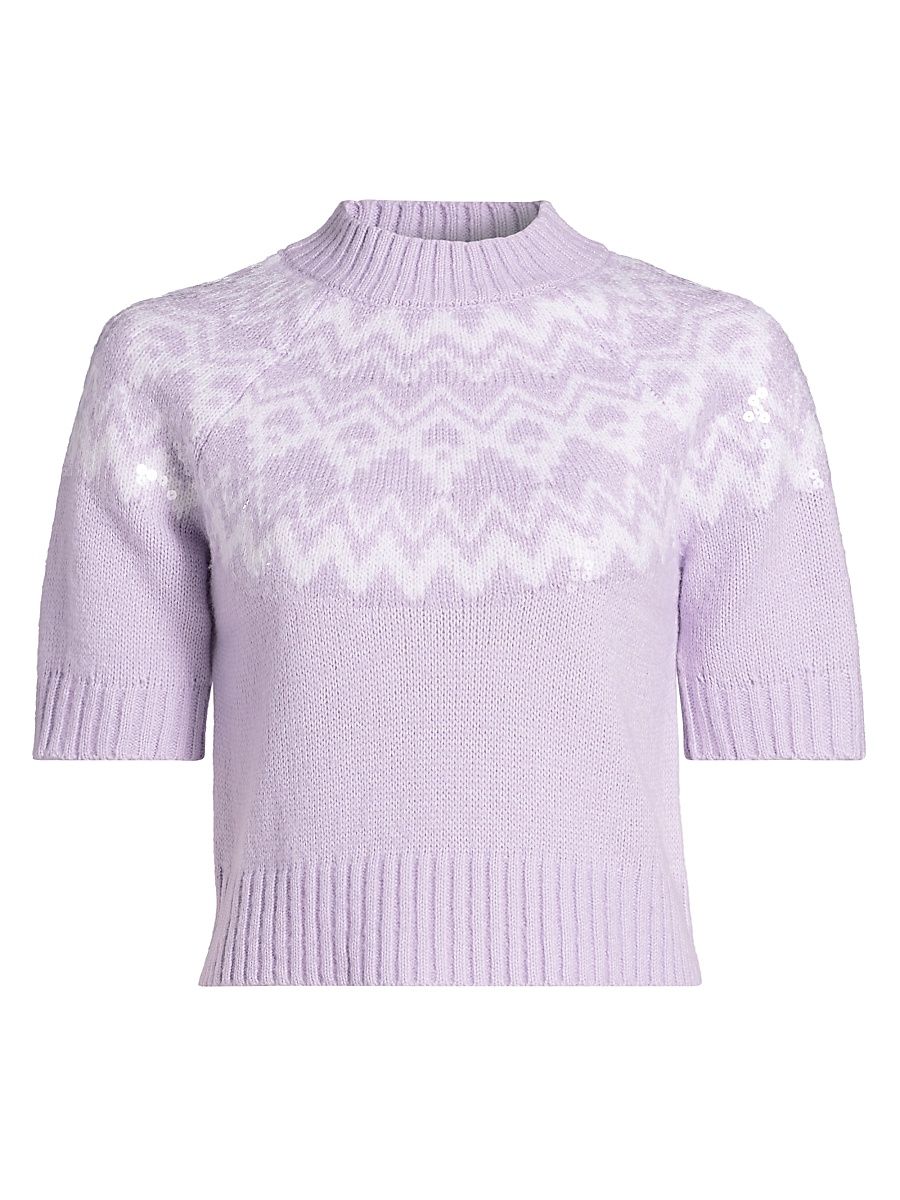 Women's Sequin Fair Isle-Style Short-Sleeve Sweater - Icy Lilac Combo - Size Small