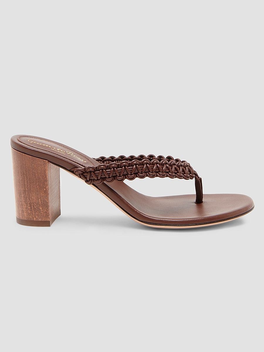 Women's Macramé Leather 70MM Block Heel Sandals - Brown - Size 12