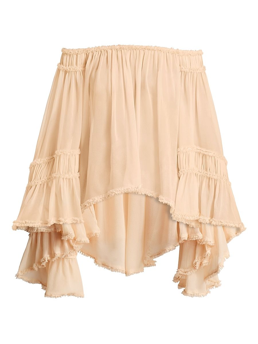 Women's Rebellion Off-The-Shoulder Frayed Silk Blouse - Cream - Size 10