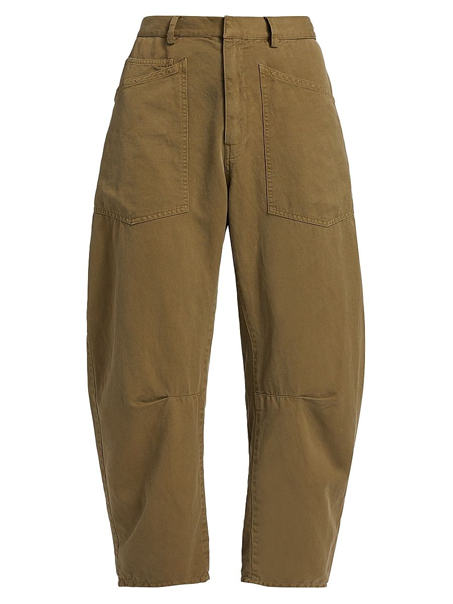 Women's Cotton-Linen Barrel-Leg Pants - Olive Green - Size 12